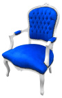 Fauteuil baroque de style Louis XV velours bleu et bois blanc