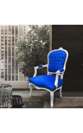 Бароков фотьойл от дамаска от синьо кадифе в стил Луи XV и бяло дърво