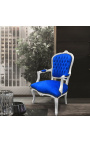 Fauteuil baroque de style Louis XV velours bleu et bois blanc