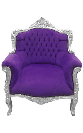 Cadeira de braço "príncipe" estilo barroco veludo roxo e madeira de prata