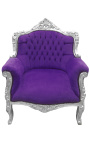 Sillón príncipe estilo barroco terciopelo morado y madera de plata