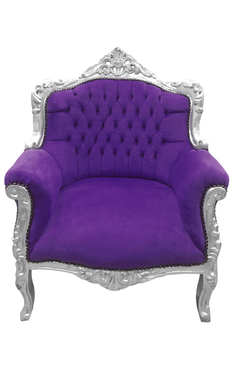 Armchair "všeobecný" Barokový štýl fialový velvet a strieborný drevo