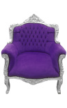 Fauteuil princier de style Baroque velours mauve et bois argent