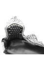 Große Barock-Chaiselongue aus schwarzem Kunstleder und silbernem Holz