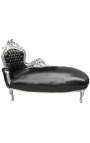 Grande chaise longue barocca in tessuto ecopelle nero e legno argento