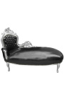 Grote barok chaise longue zwart kunstleer en zilverkleurig hout