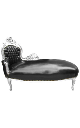 Large baroque chaise longue black leatherette and silver wood