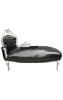 Grote barok chaise longue zwart kunstleer en zilverkleurig hout
