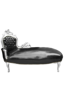 Gran barroca chaise longue piel negra y madera de plata