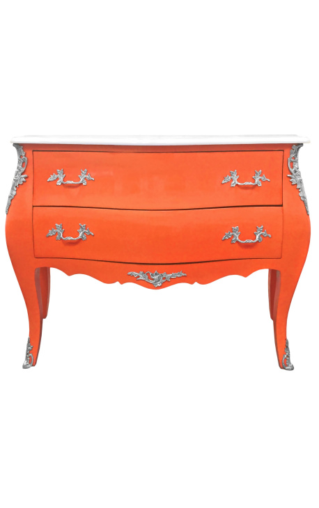 Commode baroque de style Louis XV orange et plateau blanc avec 2 tiroirs