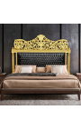 Wezgłowie łóżka w stylu barokowym, czarna ekoskóra z kryształkami i złotym drewnem