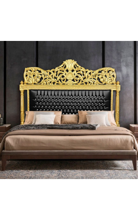 Barock sänggavel svart konstläder med strass och guldträ