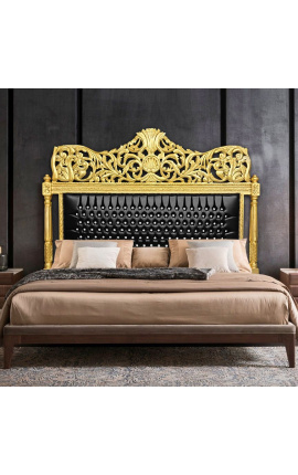 Barok bed hoofdeinde zwart kunstleer met strass steentjes en goud hout