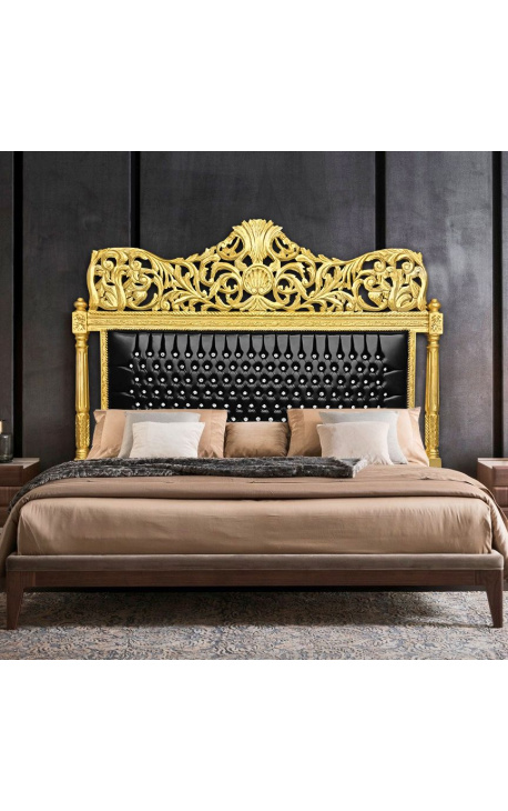 Tête de lit Baroque en simili cuir noir avec strass et bois doré