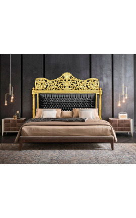 Barockes Bettkopfteil aus schwarzem Kunstleder mit Strasssteinen und goldenem Holz