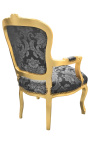 Baroque armchair of Louis XV style with black "Gobelins" patterns fabric and gilded wood