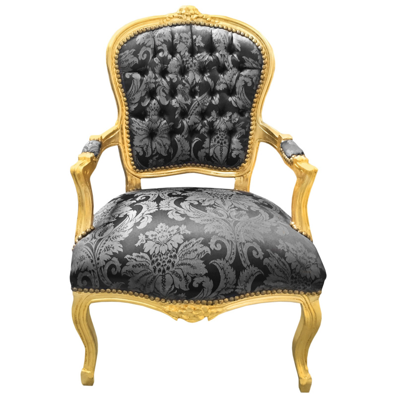 Baroque armchair Louis XV black Gobelins fabric and gold wood