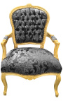 Fauteuil Louis XV de style baroque tissu satiné noir aux motifs "Gobelins" et bois doré