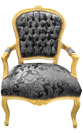 Poltrona barroca Luís XV em tecido acetinado preto com motivos "Gobelins" e madeira dourada