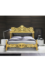 Baročna postelja iz umetnega usnja v črni barvi z kamenčki in zlatim lesom