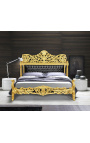 Baroque bed leatherette black with rhinestones and gold wood