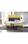 Baročna postelja iz umetnega usnja v črni barvi z kamenčki in zlatim lesom