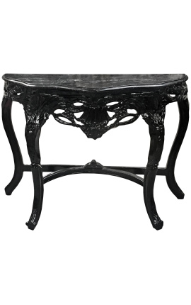 Consola de estilo barroco em madeira lacada preta e mármore preto
