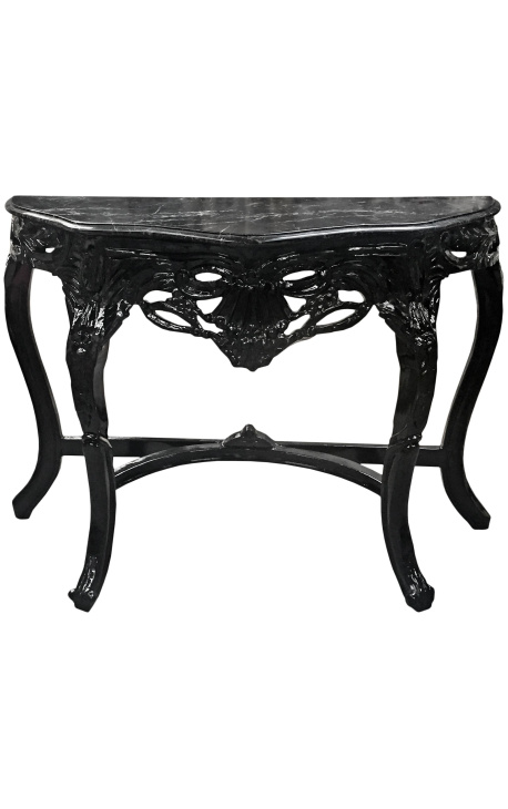 Barokke console met zwart gelakt hout en zwart marmer