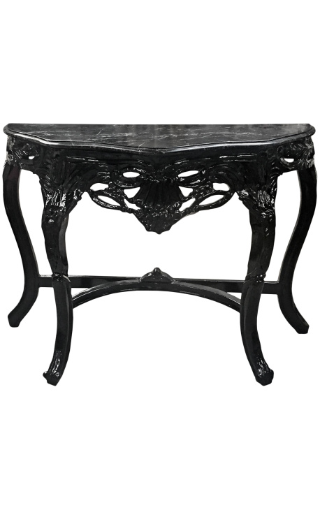 Baroque console with black lacquered wood and black marble