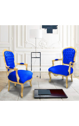 Barokke fauteuil van donkerblauw fluweel en goudhout in Lodewijk XV-stijl