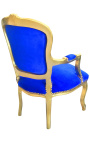 Μπαρόκ πολυθρόνα από σκούρο μπλε βελούδο στυλ Louis XV και χρυσό ξύλο