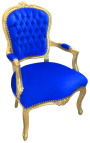 Barok lænestol af Louis XV stil mørkeblå fløjl og guldtræ
