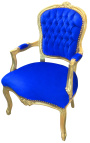 Barok lænestol af Louis XV stil mørkeblå fløjl og guldtræ