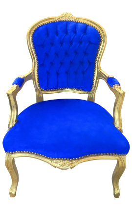 Poltrona Luís XV em veludo azul estilo barroco e madeira dourada