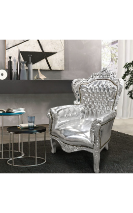 Grand fauteuil de style baroque tissu simili cuir argent et bois argent