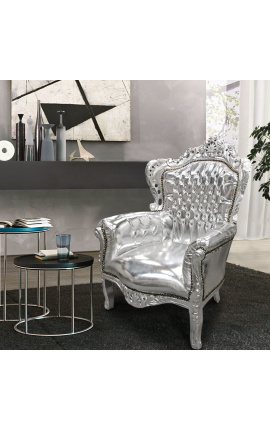 Velika fotelja u baroknom stilu srebrna umjetna koža i srebrno drvo