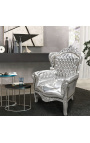 Big baroque style armchair silver faux leather and silver wood