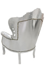 Grand fauteuil de style baroque tissu simili cuir argent et bois argent