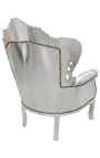 Grand fauteuil de style baroque tissu simili cuir argent et bois argent