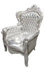 Duży fotel w stylu barokowym srebrna ekoskóra i srebrne drewno