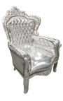 Big baroque style armchair silver faux leather and silver wood