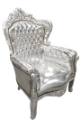 Grand fauteuil de style baroque tissu simili cuir argent et bois argent