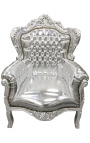 Iso barokkityylinen nojatuoli hopeaa keinonahkaa ja hopeapuuta