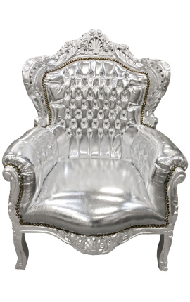 Gran sillón de estilo barroco con tela de imitación de cuero plata y madera plata