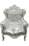 Big baroque style armchair silver leatherette and silver wood