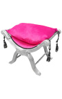 Roman bench (or Dagobert) rose fushia fabric and silvered wood 