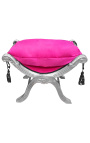 Roman bench (or Dagobert) rose fushia fabric and silvered wood 