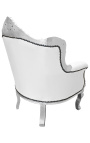 Armchair "princely" Baroque style faux leather white and silver wood