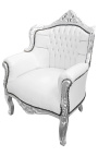 Fauteuil "princier" de style Baroque simili cuir blanc et bois argent