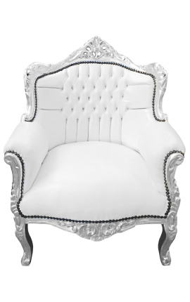 Cadeira de braço "príncipe" estilo barroco simili couro branco e prata madeira
